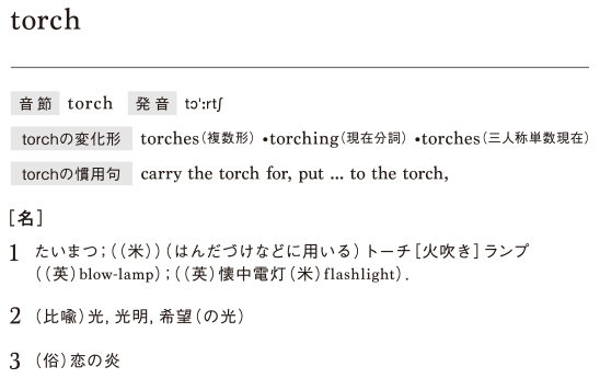 torchとは、たいまつ。トーチ。ランプ。懐中電灯。光。光明。恋の炎